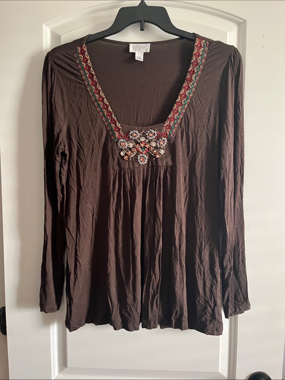 LOFT Brown Long Sleeve V-Neck Top with Embroidered Beaded Trim